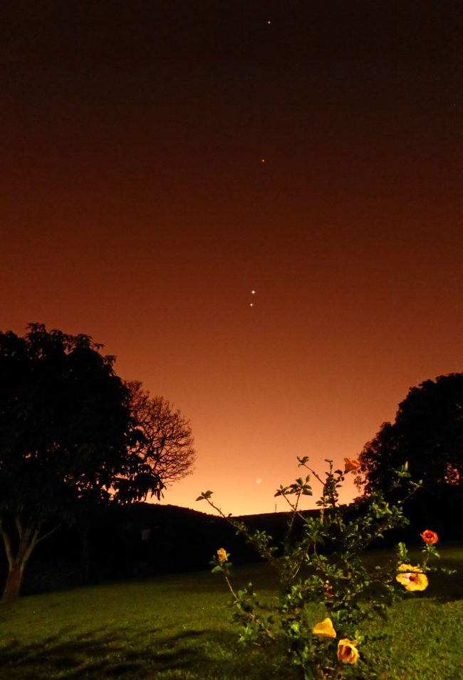 橘红色的日出前，在低空月亮上方，我们可以看见四颗行星连成一线。作者：Peter Lowenstein 