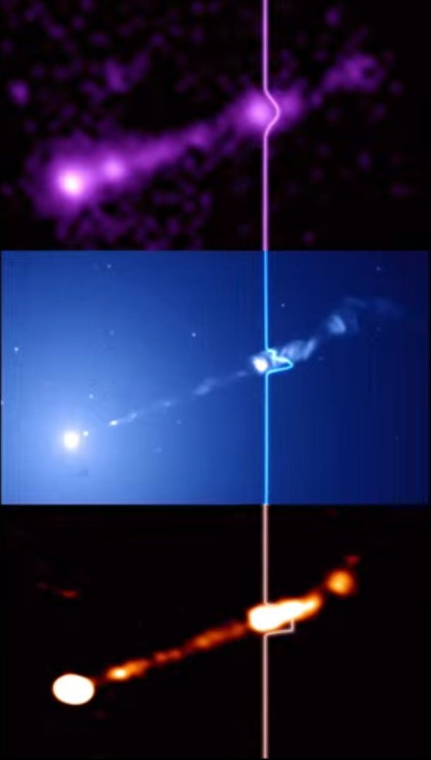 图像左侧最亮的区域是M87星系中心黑洞的地方，右上角的结构是黑洞产生的喷流。