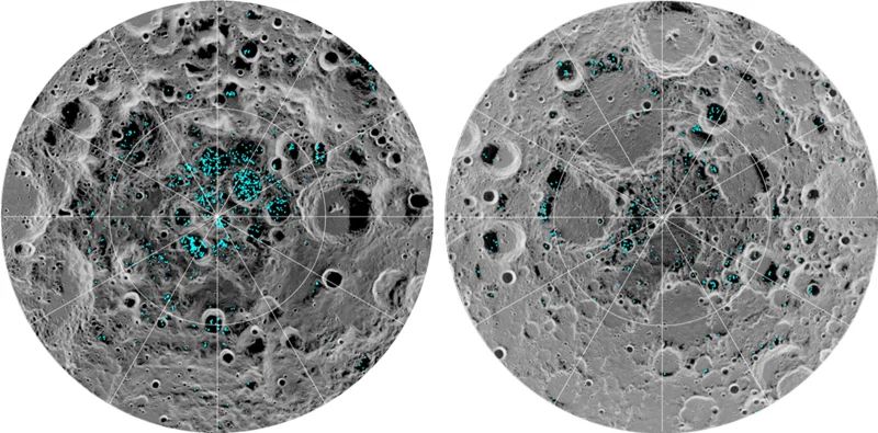 月球南极（左）和北极（右）的地表冰分布。