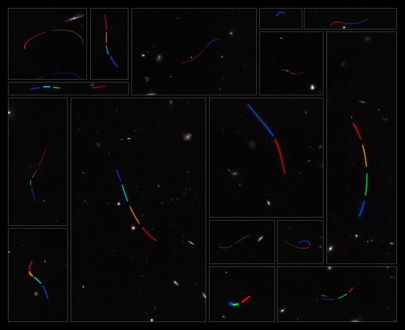 下面是哈勃望远镜拍摄的16张小行星轨迹图片。蓝色代表第一次曝光，红色代表最后一次曝光。图片来源: NASA/ESA/Hubble