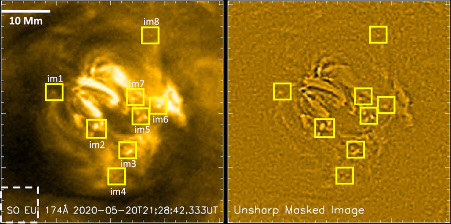 太阳轨道飞行器极紫外辐射成像仪(左)和后期处理图像(右)的太阳点，由黄色方块加强显示。来源：天文物理期刊
