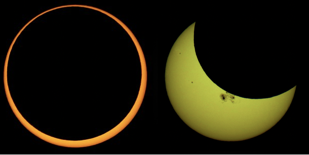 2012年5月21日的日环食（左）及2014年10月23日的日偏食（右）