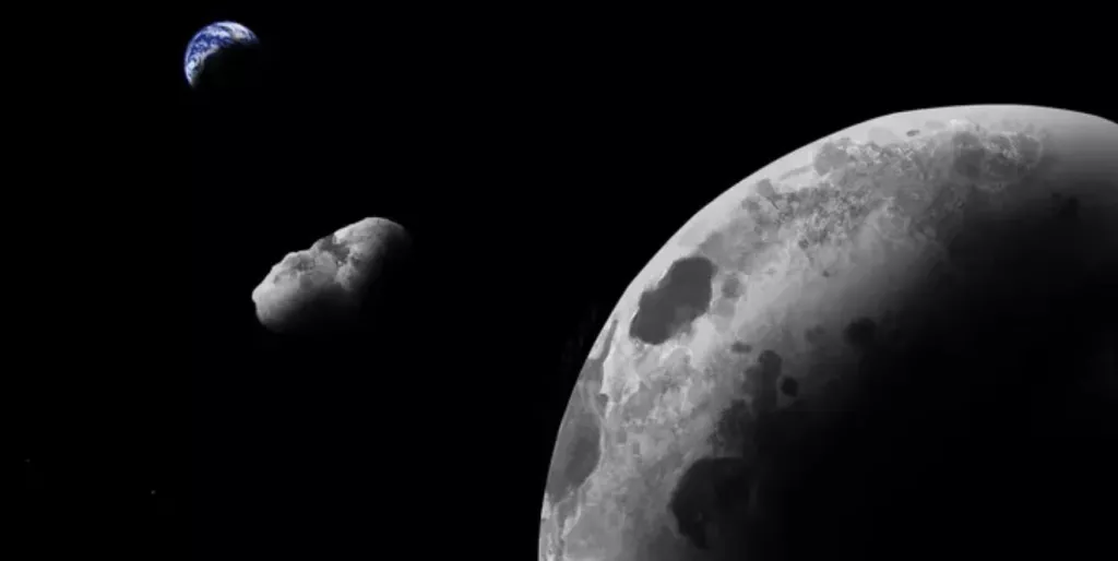 艺术家对月球、2016HO3和地球的描绘。